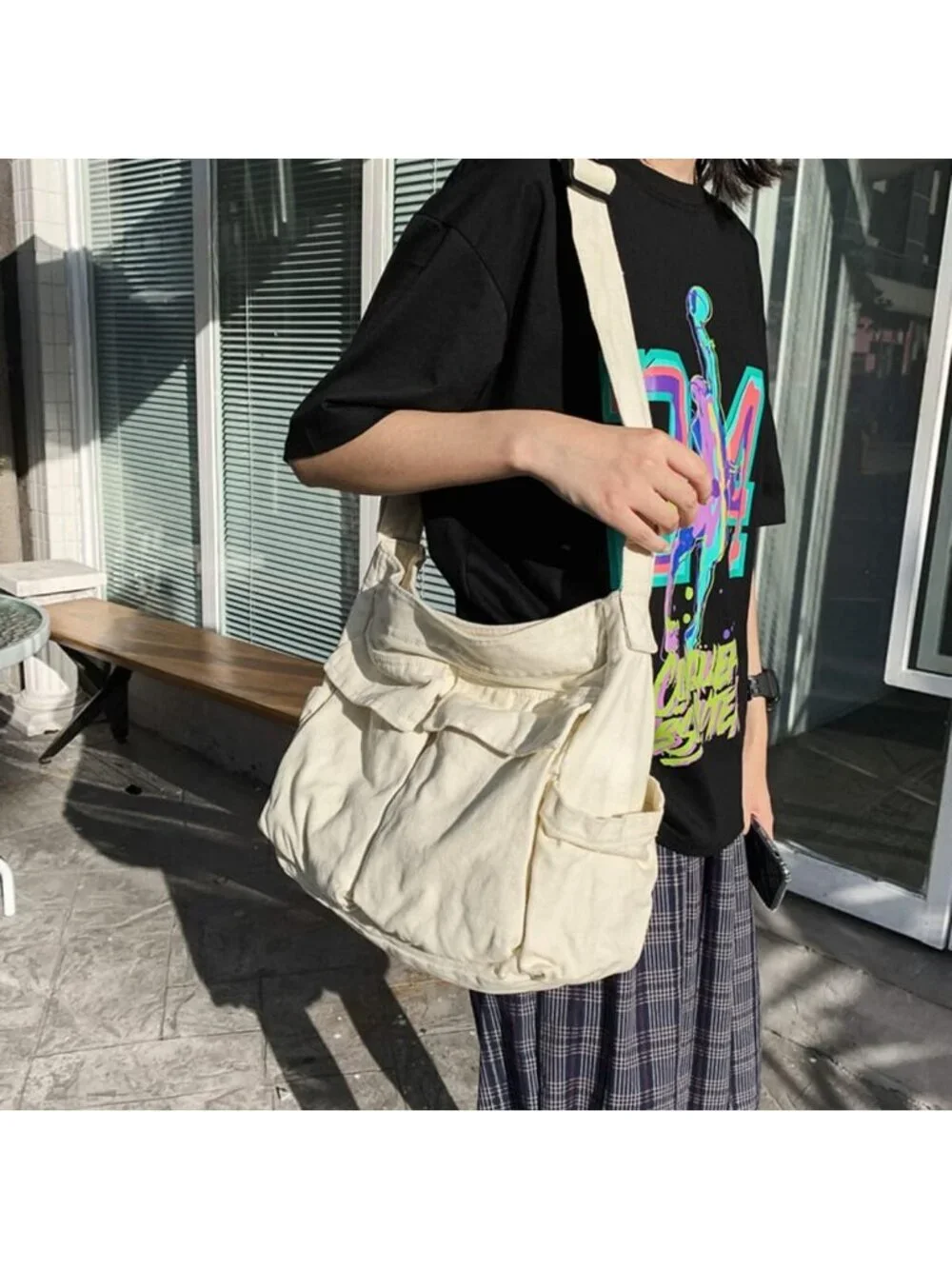 Women's White Travel Canvas Zipper Crossbody Shoulder Laptop Bag